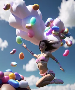 Ultra realistic speed clouds sky scene, wide angle view, sweet women falling down, feather inflatable color clothing, free jumping flying, many trinkets, hair monster, many jelly beans, balls, color smoke, smile, happy, circus style, extreme, wind, clouds sea, 20,000 feet altitude, stratosphere, soft color, highly detailed, unreal engine 5, ray tracing, RTX, lumen lighting, ultra detail, volumetric lighting, 3d, finely drawn, high definition, high resolution.