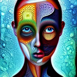 fractals in a human, an abstract painting, portrait, mixed media, textured, anatomically correct, beautiful perfect face, sharp focus, highly detailed