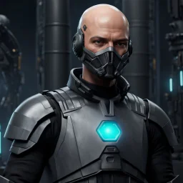 star wars bald male corellian pilot wearing pearlescent black and gunmetal grey First Order special forces heavy assault stealth commando armor and helmet with gold trim inside the jedi temple, hyperdetailed, dynamic lighting, hyperdetailed background, 8k resolution, volumetric lighting, light skin, fully symmetric details