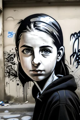 young woman en face looking toward camera banksy