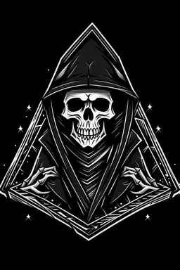 finko skeleton in a black hooded cloak drawn in a retro mascot cartoon style, inside a light diamond shape on a black background, monochromatic