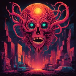 Neon legacy of nyctophobia, by Joe Fenton, mind-bending illustration; asymmetric, warm colors, dark background