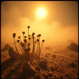 A striking quality Kodak photograph captures a wasteland with groups of plants, creepy, details of the dust very accentuated, glossy, organic, adorned with minerals and rocks. Bathed in intense light, eerie, Max Ernst style, black sun, fog