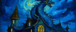 A dark blue dragon on top of a palace painted by Vincent van Gogh