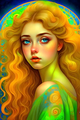 An ethereal portrait of a girl with flowing hair and piercing eyes, created with a mix of beauty and digital techniques, inspired by the works of Alphonse Mucha and Gustav Klimt