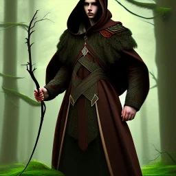 Male, Dark hair, Digital Art, Bow in hand, Hooded Cloak, Dark Forrest background