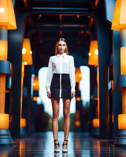 si fi a 3d recursive mandlebore fractal environment color and light an extra beautiful supper modern ukrainian girl wearing modern clothing gracefully posing full body shot