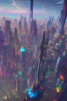 psychedelic skyscraper city detailed and intricate, mega, realistic, lsd, day