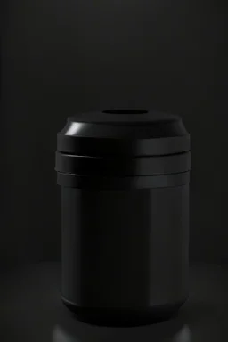 black container, plastic, realism, with screw lid, no labels, round container, view from the front, protein powder, dark studio setting, black background, large container