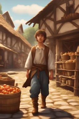 on the streets of mediaeval village, teenage boy walking inside the market, dressed in peasant clothing, digital art, 4k