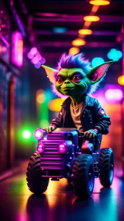 portrait of Hairy Gremlin pimp ninja cyber yoga punk in flying hipster tractor parked in dark neon lit tunnel,bokeh like f/0.8, tilt-shift lens 8k, high detail, smooth render, down-light, unreal engine, prize winning