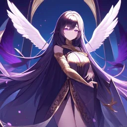 Clear focus,High resolution,High quality,Goddess Clothing Type, Black long hair, Purple eyes, Angel wings in the background, No light in eyes, Potrait