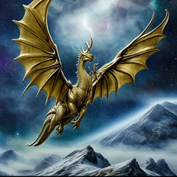 image framed with a thin border of celtic designs, story book cover format, A winged celestial dragon in flight above a forested mountain, against a background of brilliantly glittering stars, hd 4k, fine sharp detail