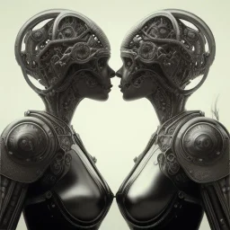 two viking girls kissing each other, hr giger, scary, steam punk, realistic, made in octane, cinematic, ultra-realistic, extremely detailed octane rendering, 8K, VRAY Super Real ar 2:3, dof photorealistic futuristic 50mm lens hard lighting dark gray tintype photograph, realistic lighting, sepia color