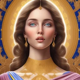  beautiful, holy and divine and elite very young european female cleric face portrait, detailed eyes, hair and flowers, cosmic ambiance , realistic shaded volumetric lighting, 8k