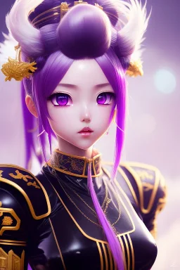 Detailed cute anime Kunoichi girl, purple hair buns, purple bangs, black latex bodysuit, intricate details, full body portrait, keep head in frame, slight smile, black Japanese motif, concept art, highly detailed, digital painting, concept art, sharp focus, illustration, art by Yoji Shinkawa, WLOP and greg rutkowski and alphonse mucha and artgerm and yanjun Chen and Junji ito and Makoto Shinkai, HDR, octane render