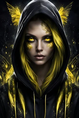 shiny yellow cat eyes woman, wearing dark hoodie, very detailed, sharp focus, random background, dark fantasy, stunning