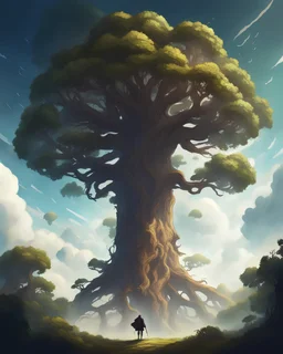 gigantic, insanely high tree growing higher than stratosphere, gigantic world tree fantasy concept art, oak