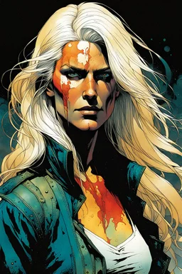 create an imaginative full body print illustration of an ethereal, otherworldly haggard, scarred, and grim, flaxen haired female Witcher , in the comic book art style of Bill Sienkiewicz, Mike Mignola, and Jean Giraud Moebius, with highly detailed feminine facial features , finely drawn, colored and inked,