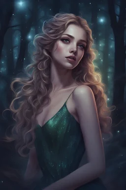 Painting of a dream girl in a fantasy forest, sparkles in the forest background, digital painting, fantasy painting, dancing girl, song, fantasy art, fantasy girl, beautiful girl, beautiful face, 25 years old, beautiful painting, forest In the background, dark night, glitter in the background, fantasy forest, haunted forest