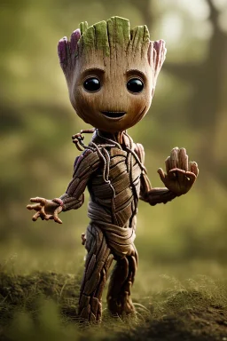 Groot toddler, full body, steampunk, bokeh, hyper realistic