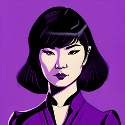 Illustration of a 30 year old Japanese woman with with black hair, front view, purple background