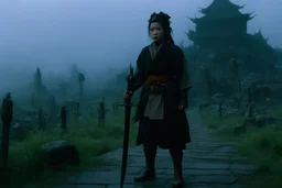 [screenshot under the moon of Pan's Labyrinth (2006) by Kevin Eastman and Peter Laird] this Nomadic Japanese woman stands at the border of the medieval town with her katana (Retrofuturism: Where Yesterday’s Tomorrow Still Shines on the foggy battlefield) ready to kill with no inhibitions