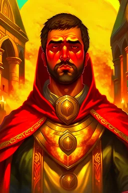 portrait of a man cleric of lathander, brown but short hair, oval face, gold armor, white red and gold tunic with a hood, slightly glowing gold eyes, medieval crowd next to a church/temple in the background, rays of light coming from the sky, in baldur's gate style