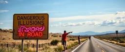 neon roadside sign warning about "dangerous illusions in road" and artwork in the road, people pointing at the sign, it has some beautiful neon artwork