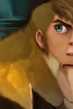 Redraw the cartoon character and fix the image resolution His hair is brown and long, but messy. His lips are closed, showing his bravery. His eyes are lined, showing his determination. He has shadows under his eyes, showing his stress and convert the drawing view 3D panel style digital Painting detailed with a panoramic scene Ultra-wide angle Highly realistic precise details Detailed