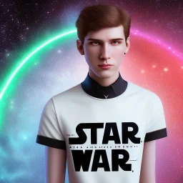 full body photo of smiling feminine pretty 19 year old boy wearing a star wars shirt, with rainbow glitter eye make-up, flat chest, pronounced adam's apples, short and long pink hair, no body hair, no tattoos, lgbt, transgender, highly detailed, photo realistic, plain background, still shot, photo realism, full body photo, 8k high resolution, high detail, --ar 2:3 --v 4