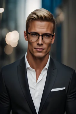 portrait of a 35 year old man very handsome with a sharp Jawline. lightly tanned skin. blonde hair cut short, clean shaven, wearing glasses