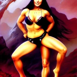 Epic full body picture portrait of busty atletic young beautiful Dejah Thoris Frank Frazetta styles