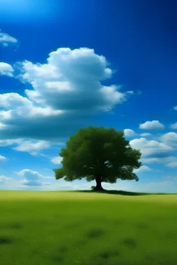 It shows a small lone tree in a green meadow and clouds and a huge blue sky. This image may symbolize beauty, peace, or loneliness.