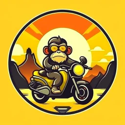 Monkey riding a scooter motorcycle with sunglasses and a big smile, have a mountain sunset on the background, make a round logo