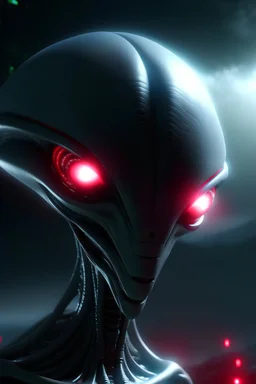 ALIENIGENA EN PRIMER PLANO BLANCO Y OJOS ROJOS , DE FONDO LA NAVE ESPACIAL, EN UNA NOCHE OSCURA Y CON NEBLINA