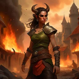 a beautiful dark haired tiefling woman in a sleeveless battle outfit, amidst town ruins with fires burning, photo quality