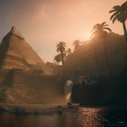 Giza Piramitleri fantasy art, island waterfall palms twigs spring sunset rainbow bridge birds, lighting, cinematic, extremly, mist, unreal engine 5, cinematic lighting, beautiful, photorealistic, abstract