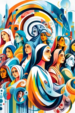 Illustration of some happy and very veiled and modern women who we see from a far distance and some painters and doctors are some engineers and they have formed a spiral composition.be veiled