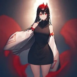 Clear focus,High resolution, Black sleeveless fluffy Shirt, Black short skirt with Red under it, Cut sleeves that are Black, Standing still, Black long hair, Red eyes, Red horns