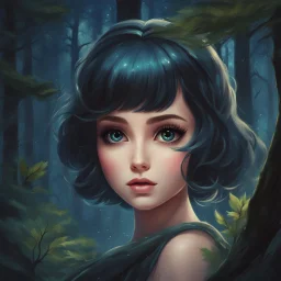 Painting of a beautiful girl, beautiful, haunted forest, pretty face, young girl, fantasy art, anime portrait, barbie face, big eyes, bright eyes, dream, trees, forest, dark night, song, glitters background, fantasy, high quality, 8k