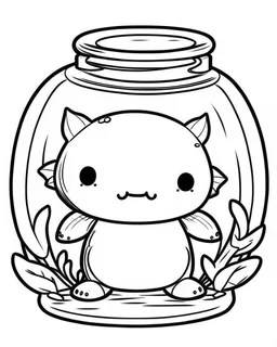 kawaii axolotl in jar minimalistic, line art, background, vector, svg, coloring book page style, black outline on white background