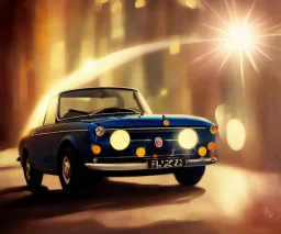 fiat 125p, city. high speed. bokeh. lens flare. warm lights. high detailed. oil on canvas