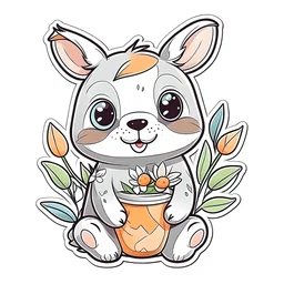 Generate a cute Rabbit, vase flowers, resolution, cartoon-sticker style with clear lines on a pure white background suitable for a children's coloring book.