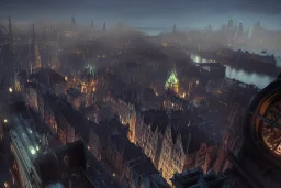 Dark city Insland+Quebec city+Gothic town+hill+canal+bridges+corner building+colorful city +BioShock+Dishonored+Bloodborne +trieste+Edinburgh+Chicago+victorian London+decòpunk Skyscraper+ +steampunk+biopunk+alphonse mucha, greg rutkowski,matte painting, cryengine, hyper detailed, felix kelly, fantasy art, seb mckinnon