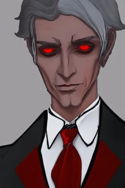 Realistic, red eyes, light skin, short black and gray hair, red earring, suit and tie clothing, gloves on hand