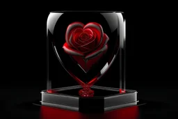 Creëer een hyperrealistische 3D-pop-upafbeelding met een stralend rood glazen hart en een delicate rode glazen roos. Deze objecten moeten op elegante wijze in een transparante glazen container worden geplaatst. De setting is een oneindige zwarte ruimte, verstoken van andere elementen. De stijl moet realistisch en toch futuristisch zijn, met de nadruk op de ingewikkelde details en reflecties van de glazen objecten.