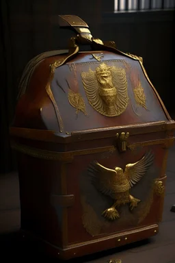 in the BASEMENT there is an old, broken brown oblong leather chest with short handles, with a hole on the side, gold coins from the time of Catherine the Great fall out of it. The ancient coat of arms of tsarist Russia, the double-headed eagle, is BARELY VISIBLE on the bag. All in high quality 8K