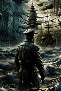 Craft a mesmerizing digital tableau that encapsulates the chaos of World War II, with John Mauchly depicted as a towering figure amidst a tumultuous sea of equations and scientific symbols, his mind ablaze with revolutionary ideas amidst the storm of conflict.