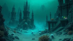 Setting: An ancient, submerged city with alien architecture, half-buried in sand and coral. Colors: Sea greens and blues, with hints of phosphorescence in the corals and ruins that glow softly in the darkness. Mood: Otherworldly and surreal, a blend of beauty and decay. Elements: Intricate structures resembling non-Euclidean geometry, adorned with bioluminescent creatures swimming amongst them. A distant, shadowy figure of Cthulhu can be seen deeper in the dark waters. Artistic Style: A captivat